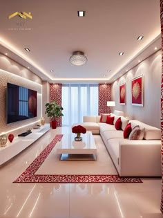 the living room is decorated in red and white with modern decor, including a large tv