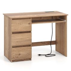 a wooden desk with two drawers and a power cord attached to the top one side