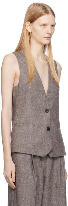 FSC®-certified wool-blend herringbone vest. · Plunging V-neck · Button closure · Welt pockets · Pin-buckle tab at back · Full satin lining Supplier color: Coffee bean Wool Vest With Button Closure For Workwear, Single-breasted V-neck Vest For Fall, Brown Wool Sweater Vest For Workwear, Herringbone Vest, Birger Christensen, Color Coffee, Belted Shorts, Coffee Bean, Welt Pockets