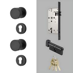 an assortment of black door handles, keys and locks on a gray background with two different styles of doors