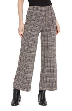 Ponte jacquard in polished plaid elevates these pull-on high-waist pants cut in a trendy wide-leg silhouette. 28" inseam; 11 1/4" leg opening; 12" front rise; 15 1/2" back rise Pull-on style Back patch pockets Extrawide, interior smoothing waistband 76% polyester, 19% viscose, 5% elastane Machine wash, line dry Imported Chic Plaid Wide Leg Pants, Formal Plaid Wide Leg Bottoms, Elegant High-waisted Plaid Pants, Elegant Plaid Wide-leg Pants, Plaid Wide Leg Pants For Formal Occasions, Plaid Wide Leg Formal Pants, Elegant Plaid Bottoms For Fall, Formal Wide Leg Plaid Pants, Formal Plaid Wide Leg Pants