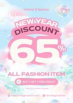 the new year discount poster for women's clothing and accessories, with bubbles in the background