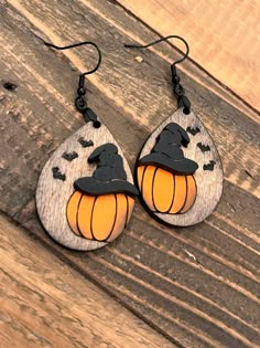 Pumpkin Witch Earrings, Bat Earrings, Handmade Halloween Earrings, Teardrop Earring, Halloween Gift, Handmade Earrings, Hand Painted - Etsy Pumpkin Witch Hat, Wood Jewelry Diy, Witch Earrings, Bat Earrings, Laser Cut Earrings, Stacked Earrings, Earrings Teardrop