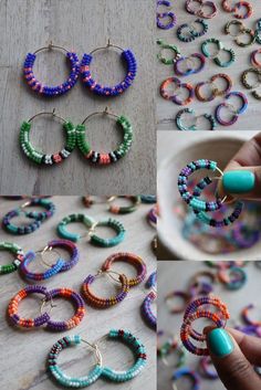 several pictures of different types of beaded hoops and earrings on a wooden table