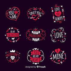 valentine's day badges in red and white with hearts, flowers, and words