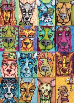 a painting of many dogs with different colors