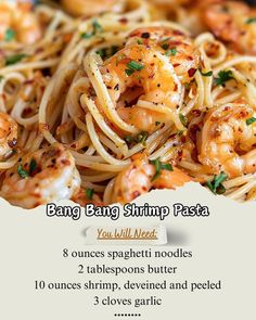 the recipe for shrimp pasta is shown in this image