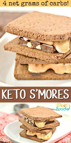 the keto s'mores sandwich is stacked on top of each other with peanut butter