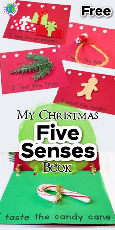 the christmas five sense book is shown with four cards and candy canes on it