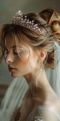 a woman wearing a tiara and veil with her hair pulled up in a bun