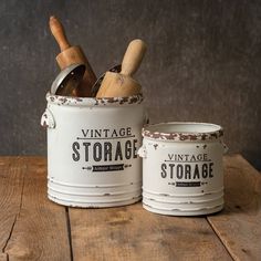 Painted Metal Vintage Storage Containers Bin / Organizer Set of 2-CTW Home-The Village Merchant Pin Crafts, Metal Canisters, Pin Ideas, Tin Can Crafts, Kitchen Counter Decor, Counter Decor, Farmhouse Ideas, Metal Containers, Storage Buckets