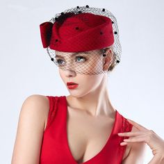 Red Veil, Stylish Womens Hats, Classy Hats, Red Fascinator, Veiled Woman, Veiled Hats, Elegant Hats, Felt Wool, Cocktail Hat