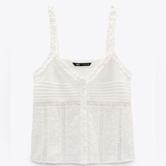 Brand New Zara Lace Trim Summer Tops, Zara Summer Tops With Lace Trim, Zara Lace Trim Tops For Summer, Zara Tops With Lace Trim For Summer, Zara Embroidered Top, Zara Tank Top, Oyster White, Denim Tank, Cotton Embroidery