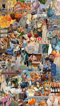 a collage of pictures with people and food on them, including oranges, wine bottles