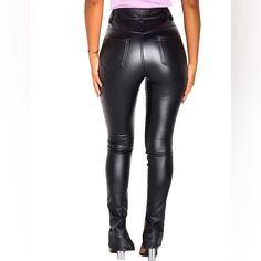 Elevate Your Fashion Game With These Sleek Black Vegan Leather Pants. The Flared Leg Style Adds A Touch Of Vintage Glamour, While The Ankle Length Keeps It Modern. Perfect For Any Occasion, These Pants Are Made Of High-Quality Materials That Ensure Comfort And Durability. The Supple Leather Material And The Black Color Create A Timeless Look That Never Goes Out . Edgy Party Bottoms With Pockets, High Waist Stretch Leather Pants With Pockets, Chic Non-stretch Leather Pants With Pockets, High Waist Bottoms With Pockets For Going Out, High-waisted Bottoms With Pockets For Going Out, Edgy Bottoms With Pockets For Night Out, Solid High Waist Bottoms For Going Out, Edgy Full-length Bottoms For Night Out, Sleek Mid-rise Black Bottoms