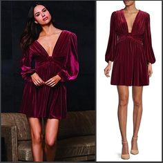 Gianni Bini Mariah Long Sleeve Plunging V-Neck Velvet Mini Dress New With Tags Vibrant Burgundy Color Stretch Velvet Fabric Fit And Flare Silhouette Plunging V-Neckline And V Back Long Sleeves With Light Ruched Shoulders And Elastic Sleeves Empire Waistband Concealed Back Zip Closure Fully Lined. Polyester /Elastane Dry Clean Size 2: Bust 32”, Waist 26”, Length 33” Size 4: Bust 34”, Waist 28”, Length 33 Fitted V-neck Dress For Date Night, Elegant V-neck Mini Dress For Going Out, Glamorous Fitted V-neck Sequin Dress, Fitted V-neck Long Sleeve Dress For Date Night, Fitted Long Sleeve V-neck Dress For Date Night, V-neck Mini Dress For Fall Brunch, Fall Party Dress With Notched Neckline, V-neck Mini Dress For Brunch, V-neck Mini Dress For Date Night