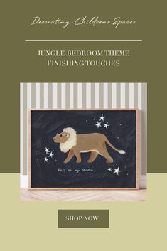 a lion is shown on the front cover of a shop now advertise for jungle bedroom theme finishing touches