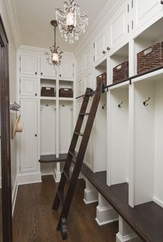 an image of a room with white cabinets and ladder in the center, next to a photo of a closet