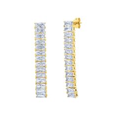 Made of flashy baguettes, these earrings will be sure to make a statement! In a shimmering Platinum finish or classic 18kt YG, these earrings are sure to turn heads. Who said diamonds had to be boring? Let your ears rock a fun, fashionable look!-18kt Yellow Gold Finish over .925 Sterling Silver OR -Sterling Silver .925 in Platinum Finish -Sku:SKU: 3012632E00CZ/ SKU: 9012632E00CZ -Lifetime Warranty -6.4 carat total weight -100% Hypo-Allergenic -Non-Conflict $265.00 Classic Gold Earrings With Baguette Diamonds, Luxury Gold Baguette Cut Earrings, Luxury Yellow Gold Baguette Earrings, Gold Baguette Earrings For Anniversary, Gold Baguette Earrings For Formal Occasions, Formal Gold Baguette Earrings, Gold Baguette Cut Earrings For Evening, Rock A, Baguette Cut