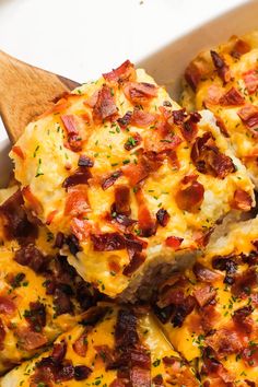 a casserole dish with bacon and cheese on top, ready to be eaten