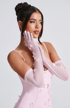 Introducing the finishing touch to the Dalary mini or maxi. Made in our delicate sheer mesh with stretch, these unlined gloves are scattered with pretty 3D floral applique all over. They finish at the elbow for a flattering fit. 



Colour: Blush.

Premium sheer stretch mesh.

Unlined.

3D floral applique.

Elbow length.

 Size: XS/S, M/L Pink Dress With Black Gloves, Birthday Photoshoot 21st Ideas, 22 Birthday Ideas Outfit, Pink And White Bachelorette Outfits, 21st Birthday Fits, Dress And Gloves Outfit, Pink Photoshoot Aesthetic, 21 St Birthday Outfit, Pink Theme Photoshoot