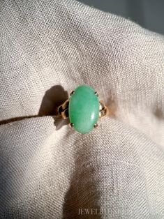 *Art Deco Gemstone Ring *14k Yellow Gold *Jadeite Jade *Genuine, Color Treated *16 mm x 10.2 mm *Circa 1940s *Ring Size US 7 ☞ Personalized Ring Sizing is complementary with the purchase of this ring! Simply select the size you would like from the drop down menu, and we will take care of it for you! ☞ Some fine jewelry items may show patina or signs of age or wear in photos. Rest assured, your jewelry will be carefully cleaned and polished prior to shipping! If you would like the natural patina 1940s Ring, Personalized Ring, Jade Ring, Personalized Rings, Art Deco Ring, Fabric Jewelry, Jewelry Pouch, Gold Style, Custom Rings