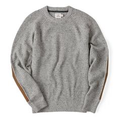 A warm and well-made men’s sweater with durable elbow patches Men’s Grey Sweater Outfit, Heather Grey Relaxed Fit Crew Neck Sweater, Mens Elbow Patch Sweater, Gray Textured Knit Crew Neck Sweater, Elbow Patch Sweater, Mens Sweaters L.l.bean, Vintage Silhouette, Elbow Patches, Mens Casual Dress Outfits