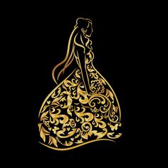 a bride in a wedding dress is silhouetted against a black background with gold swirls