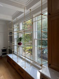 a large window with gold bars on the side and a potted plant in it