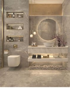 a bathroom with a sink, toilet and shelves on the wall next to each other