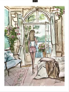 a watercolor painting of a woman standing in front of an open door to a bedroom