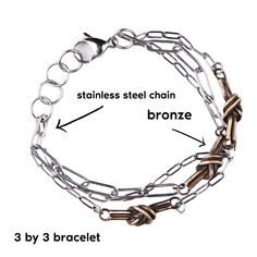 Layered with chain or knots, these Bronze Knot Bracelets provide options for a single bracelet that looks like a stack. Choose if you want multiple knots and chains or a single, modern style of a chunky curb chain with a single know. For him and her, these make a great couples gift as well. Details stainless steel and bronze available in 3 styles adjustable length from 6"-7.5" please request a longer length if needed at no added fee perfect for 8th and 11th Anniversaries, friendship gifts This i Adjustable Metal Bracelet With Chunky Chain, Adjustable Metal Chain Bracelet With Chunky Chain, Adjustable Chunky Chain Metal Bracelet, Adjustable Silver Chain Bracelet With Rectangular Links, Adjustable Stainless Steel Chunky Chain Bracelet, Chunky Chain Adjustable Bracelets For Everyday, Minimalist Adjustable Chunky Chain Bracelet, Metal Chain Bracelet With Hook And Links For Gift, Adjustable Chain Link Bracelet With Hooks