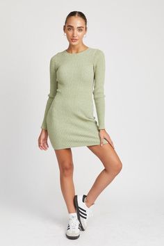 Soft ribbed mini dress with long sleeves and round neckline. Fabric has great stretch. We love this dress for the layering season! Model is 5.9, wearing S. Recommended sizing 2-4 S, 6 M, 8-10 L Fabric Contents: 65% VISCOSE, 30% NYLON, 5% SPANDEX Stretch Ribbed Mini Dress, Trendy Ribbed Bodycon Mini Dress, Ribbed Crew Neck Fall Dresses, Fall Crew Neck Ribbed Dresses, Fall Ribbed Crew Neck Dress, Trendy Ribbed Mini Dress For Winter, Green Ribbed Bodycon Dress For Fall, Long Sleeve Ribbed Mini Dress For Fall, Spring Ribbed Mini Dress