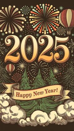 a happy new year's card with fireworks and trees in the background that says 2055