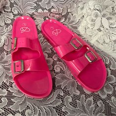 Bobbie Brooks Hot Pink Double Buckle Jelly Flat Plastic Slip On-Slides Size 10 These Are Brand New Without Tags Or Box On The Back Heel Is A Mark Adjustable Double Buckle Strap Silver Hardware Jelly Flats, Brooks Shoes, Slides Shoes, Slides, Jelly, Size 10, Women's Shoes Sandals, Shoes Sandals, Hot Pink