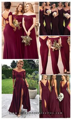 bridesmaid dresses in different colors and styles, including one with slited sleeves