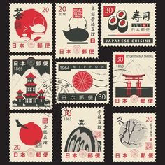 Japanese Symbols Postage Stamp Fabric Panel Variation 2 - ineedfabric.com Japan Design Graphic, Asian Symbols, Cultural Design, Japanese Symbols, Japanese Poster Design