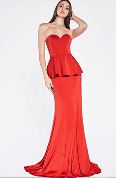 Look glamorous in a strapless, sweetheart neckline with peplum detail accented with a metallic belt. The back has a zipper closure while the trumpet skirt runs in full length hem and finishes in a sweep train. Elegant Strapless Mermaid Dress For Prom Season, Elegant Strapless Mermaid Dress For Prom, Elegant Strapless Mermaid Dress For Night Out, Glamorous Strapless Mermaid Dress With Fitted Bodice, Strapless Mermaid Dress With Sweep Train For Formal Events, Strapless Mermaid Dress With Sweep Train For Formal Occasions, Strapless Evening Mermaid Dress With Sweep Train, Strapless Mermaid Dress For Gala And Prom Season, Strapless Mermaid Dress For Gala