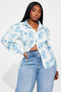 Available In Blue/combo. Shirt Long Sleeve Button Down Collar Abstract Printed Non Stretch Disclaimer: Print Placement May Vary. 100% Polyester Imported | Sky High Shirt in Blue size XS by Fashion Nova Light Blue Long Sleeve Shirt With Floral Print, Spring Blue Collared Top, Blue Fitted Button-up Top, Blue Floral Print Button-up Top, Trendy Blue Floral Print Shirt, Blue Floral Print Shirt For Day Out, Trendy Light Blue Collared Top, Trendy Fitted Blue Shirt, Light Blue Tops With Button Closure For Spring