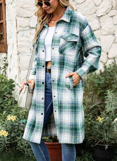 Women's Plaid Shacket INS Style Woolen Plaid Print Long Sleeve Jacket Long-Length Check Shacket Green Collared Fall Outerwear, Collared Green Outerwear For Fall, Green Collared Outerwear For Fall, Trendy Plaid Outerwear For Spring, Trendy Green Long Sleeve Outerwear, Casual Long Outerwear For Spring, Collared Winter Shacket With Pockets, Winter Collared Shacket With Pockets, Collared Green Shacket For Winter