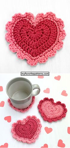 crocheted heart coasters are shown with coffee cup