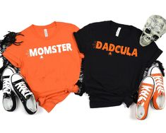 Momster and Dadcula Matching Halloween Shirts, Momster Shirt, Dadcula Shirt, Mom Halloween Shirt, Couples Halloween Shirts, Halloween Family ♥ HOW TO ORDER T-SHIRT ♥ 1- Please, Check and Review all Photos. 2- Choose your size from the drop-down menu and add each shirt to your cart one at a time. 3- Select Your Shirt Color from Drop-down 2 which is Shirt Color. 4- Text colors are shown above the color in the color charts. If you want to change text color, please indicate as a note. 5- Your shippi Funny Pre-shrunk Shirt For Halloween, Halloween Novelty Shirt With Letter Print, Novelty Halloween Shirt With Letter Print, Customizable Black Halloween Top, Casual Halloween Shirt For Costume Party, Halloween Novelty Cotton Shirt, Casual Halloween Costume Party Shirt, Black Band Merch Shirt For Halloween, Black Halloween Band Merch Shirt