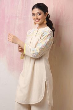 Buy Leela by A White Jute Cotton Embroidered Sleeve Kurta And Pant Set Online | Aza Fashions Co Ords Outfits Indian, Co Ords Outfits, Multicolor Sequins, Womens Trendy Dresses, White Kurta, Kurta With Pants, Fat To Fit, Band Collar, Floral Motifs