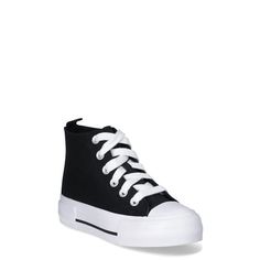 These fashionable platform canvas high-tops from Wonder Nation are sure to become her go-to pair of shoes. Dress up a casual outfit, or wear them with a dress for a cool, casual look! The platform bottom adds just the right amount of height to these fashion-forward shoes, while the lace-up design allows for a custom fit. Only at Walmart. Size: 1.  Color: Black.  Gender: female.  Age Group: kids. Girls Ballet Flats, Girls High Top Sneakers, Flat Dress Shoes, Casual Dress Shoes, Girls Shoes Kids, Ballet Girls, Shoes Dress, Girls Sneakers, Big Girl