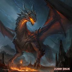 a large dragon standing in the middle of a dark, foggy area with flames coming out of its mouth