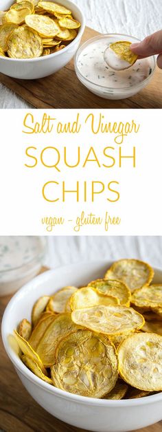 salt and vinegar squash chips in a white bowl on a wooden table with text overlay