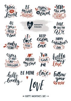 valentine's day hand lettering set with hearts, arrows and other words on white paper