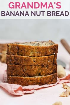 four slices of banana bread stacked on top of each other with one slice cut off