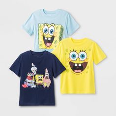 three children's t - shirts with cartoon characters printed on the front and back