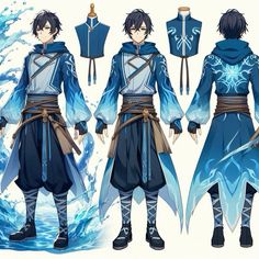 an anime character is dressed in blue and has two different armors on his shoulders